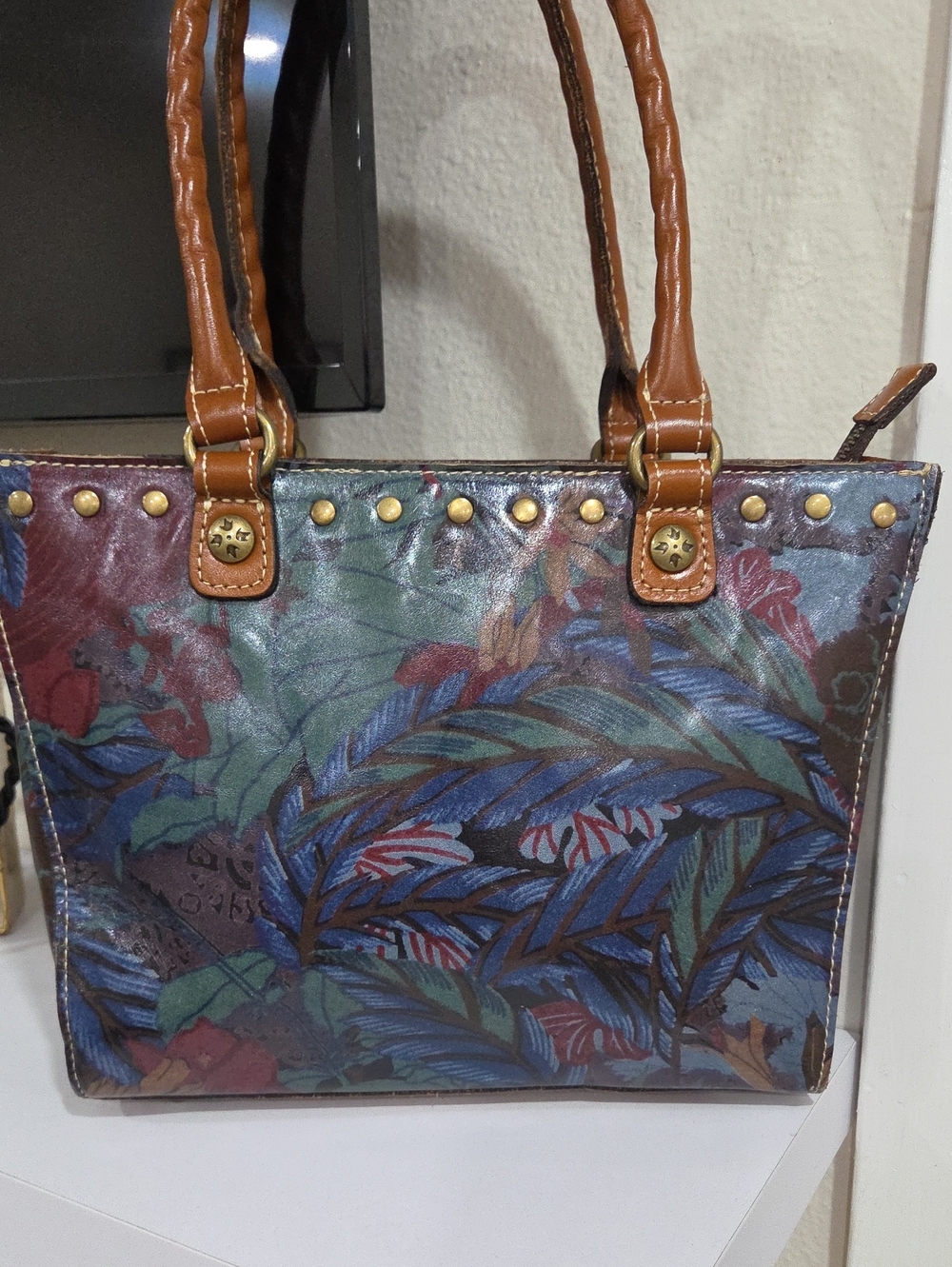 Patricia Nash Tropical Print Tote Bag with Brown Handles